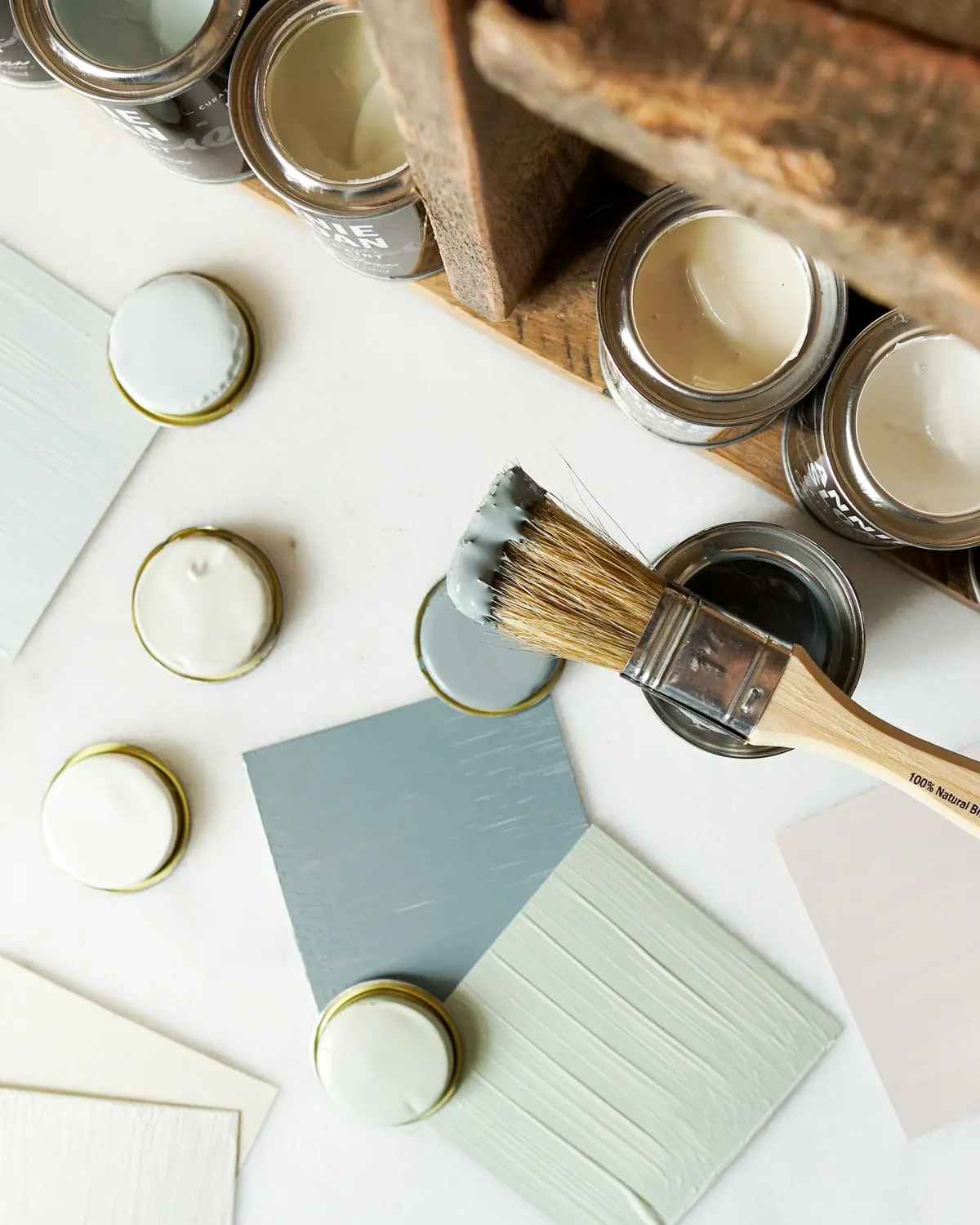 Paint sample pots and swatches on a pale table