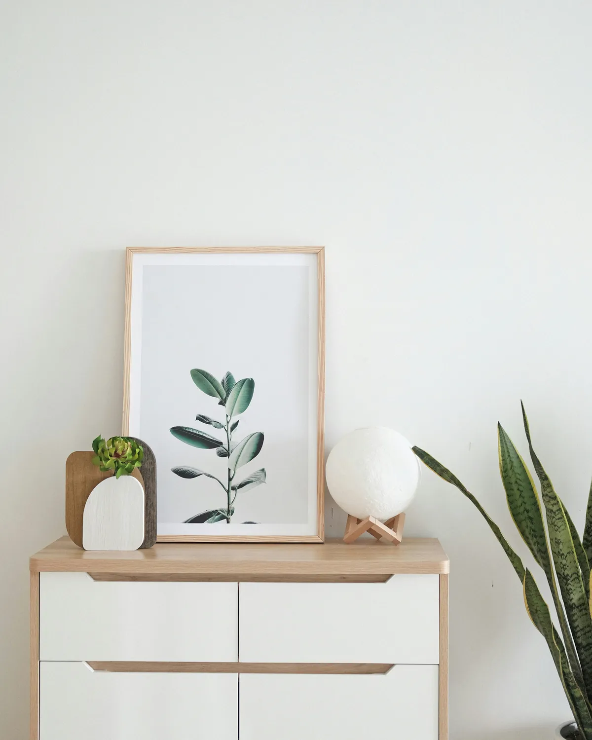 Low cabinet with framed artwork and a tall plant against a light wall