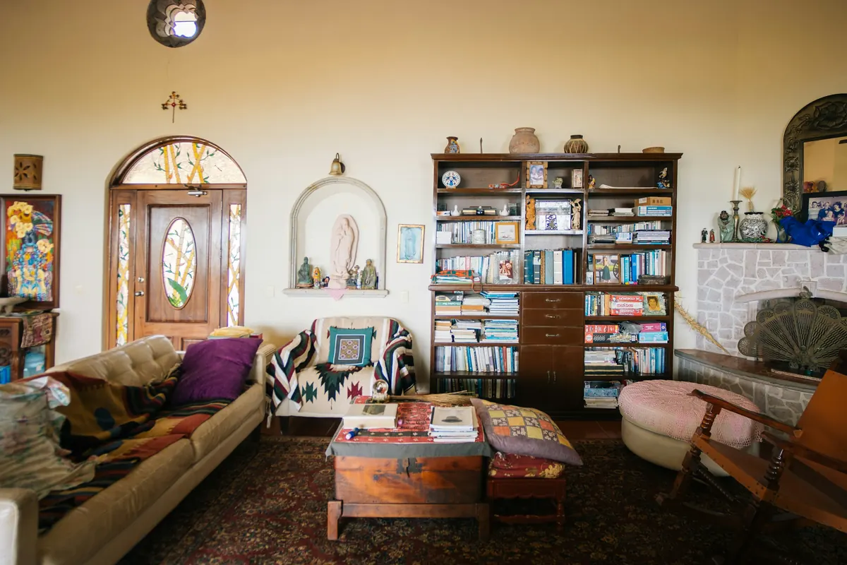 An eclectic living room with old and contemporary furniture and a wall of books