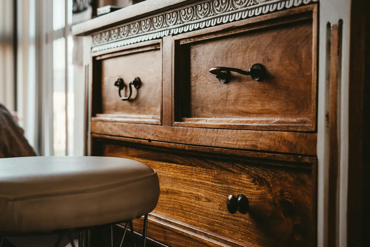 Close-up of an old wooden chest of drawers with worn handles