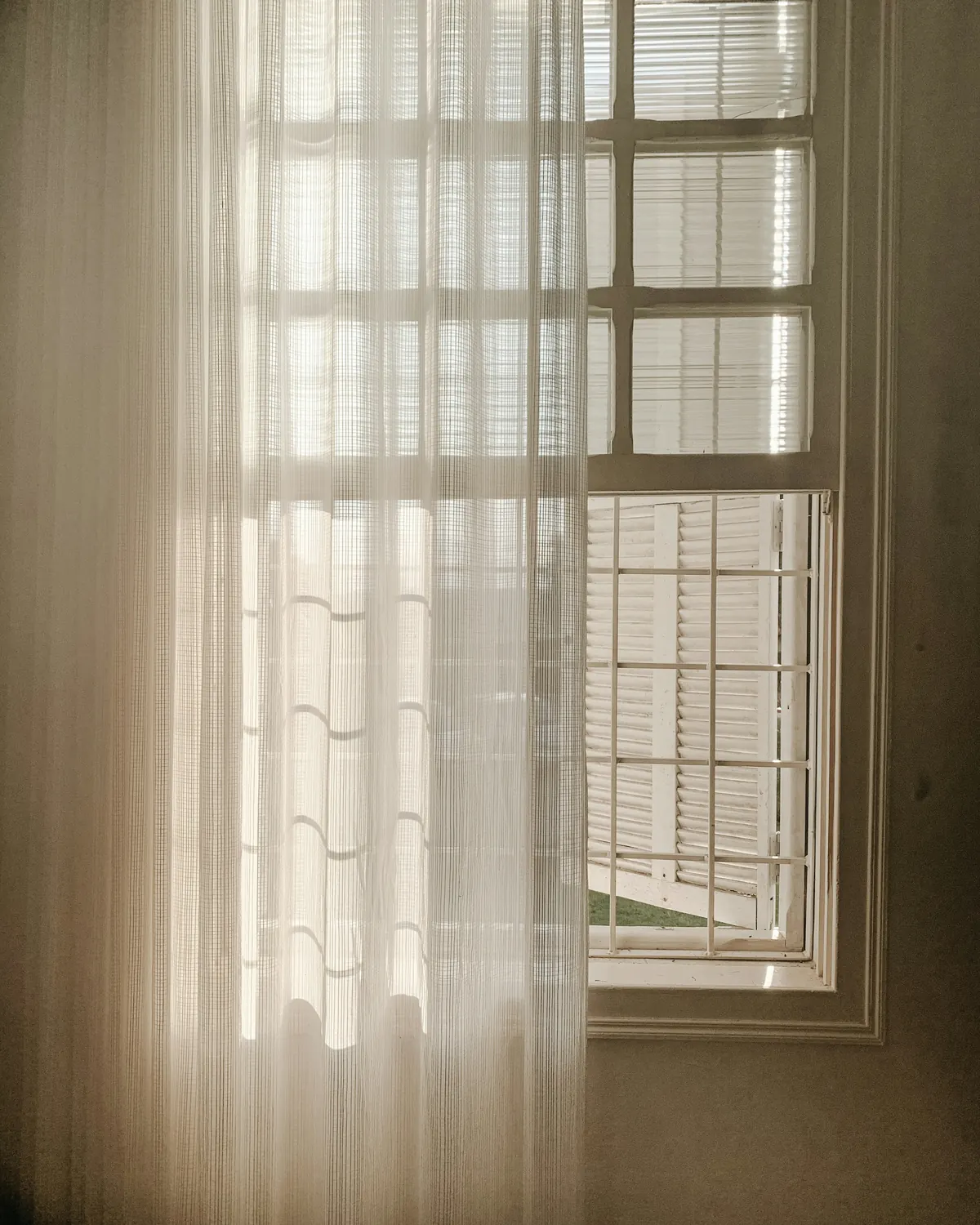 Winter sunlight filtering through sheer curtains
