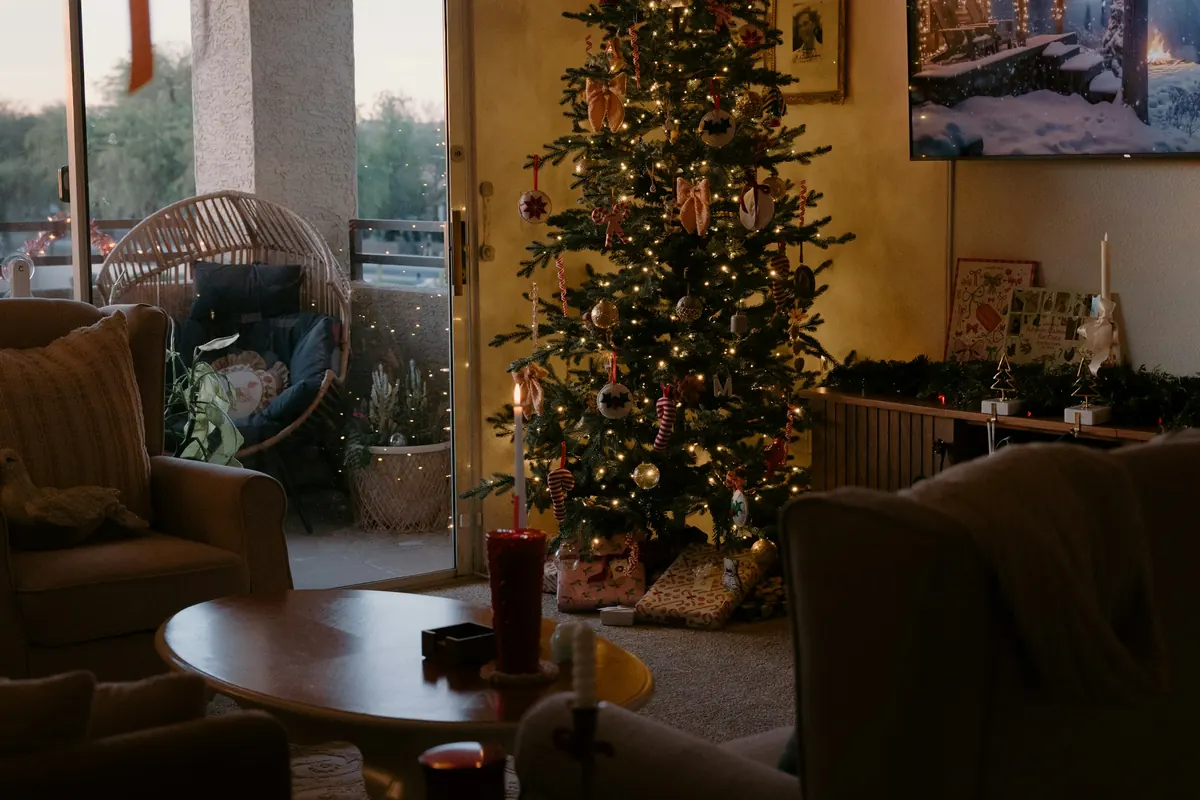 A lived-in living room with a lit Christmas tree at dusk