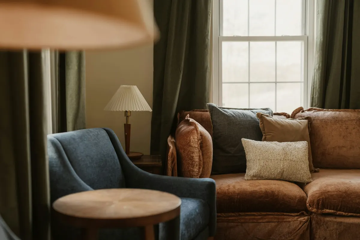 Warm everyday living room with soft lamplight